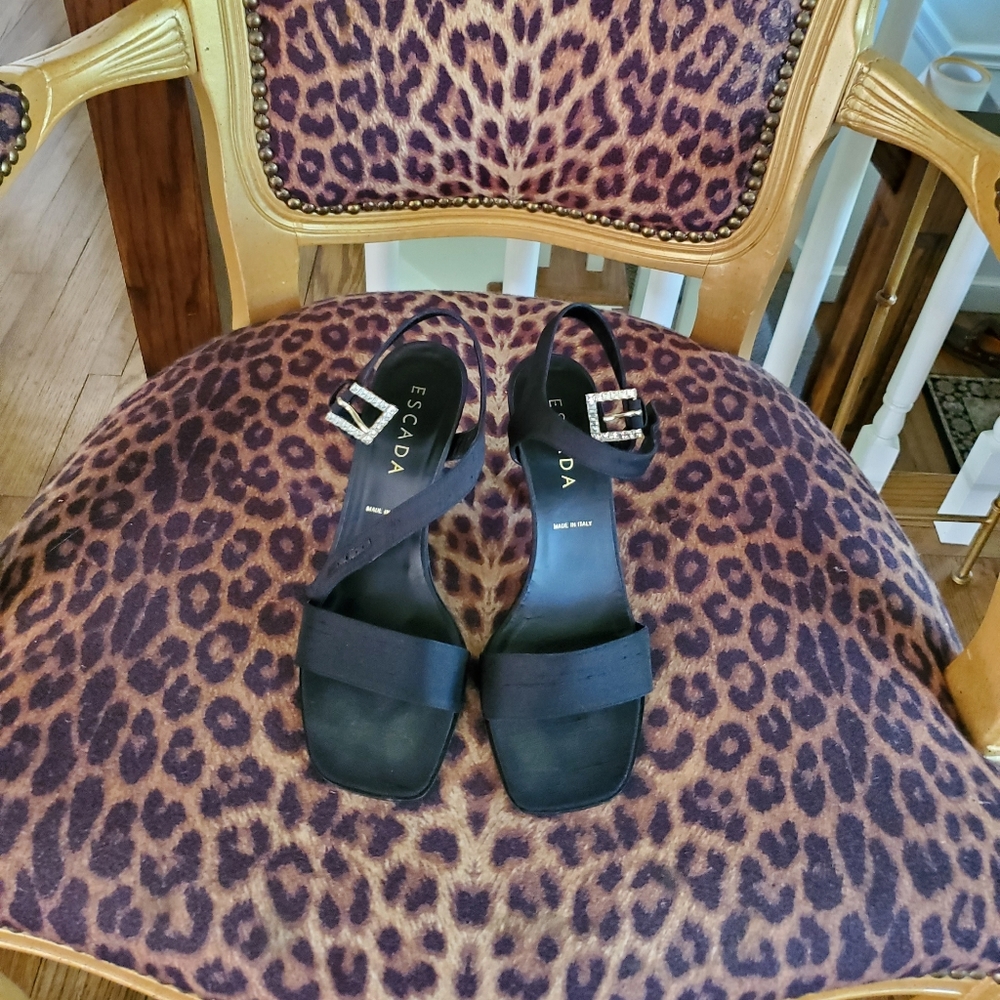 ESCADA sandals Black 6 1/2, Shantung silk with crystal buckles.  Worn once.
